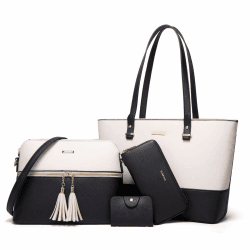 YTL Damen Handtasche Tote Shopper Groß Schultertasche Umhängetasche Geldbörse Kartenhalter Tasche 4-teiliges Set für Büro Schule Einkauf Reise Geschenk Schwarz-beige