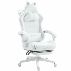 Dowinx Gaming Stuhl - Süße Katze Edition - Ergonomischer Computerstuhl mit Hoher Rückenlehne und Lendenwirbelstütze, PU-Leder, Fußstütze, Weiße Katze Snow Weiß Kaninchen