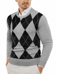 COOFANDY Herren Pullover mit Rundhalsausschnitt Strickpullover Feinstrick Winterpullover Sweater Männer Grauer Argyle L