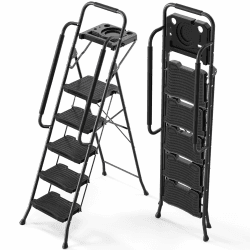 KINGRACK Leiter 5 stufen klappbar, trittleiter mit Ablagefläche, Sicherheitshandlauf, breite Pedal Antirutsch Stahl Haushaltsleiter, geeignet für Wohnküche, Speisekammer, Büroschrank, schwarz 5 Stufenleiter mit Handläufen Schwarz