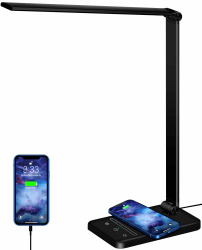 weareok Schreibtischlampe LED Dimmable,Tischlampe Augenschutz,Desk Lamp 5 Farb und 6 Helligkeitsstufen,10W QI KabellosemLadegerät und USB-Anschluss Table Lamp mit Stecker Touch für Büro Schwarz Black