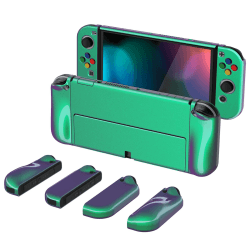 PlayVital AlterGrips Hülle für Nintendo Switch OLED, Joy Con Case Hülle Schutzhülle Dockable Zubehör, Ergonomische Grip Joycon mit Schutzfolie&Joystick Kappen für Nintendo Switch OLED Grün Lila