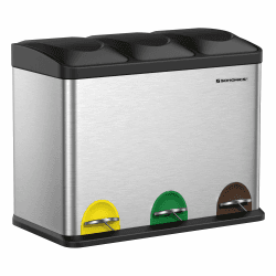 SONGMICS Mülleimer Küche, Mülltrennsystem 3 Fächer, Abfalleimer, 45 Liter Treteimer aus Metall, 3 x 15 Liter, Tretmülleimer mit Deckel, Stahl, metallisches Silber-tintenschwarz LTB45L Metallisches Silber + Tintenschwarz