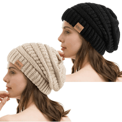 REDESS Slouchy Beanie Mütze für Herren und Damen Winter Warm Chunky Soft Oversized Zopfstrickmütze Schwarz+Hafer
