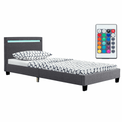 Juskys Polsterbett Verona 90x200 cm mit LED-Beleuchtung, Lattenrost & Kopfteil, Bett mit Gestell aus Holz & Stoff Bezug, grau 90x200 cm Grau