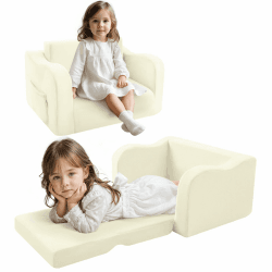 MeMoreCool Kindersofa Kindersessel Ausklappbar, Bequemes Bettsofa für Kleinkinder, 2-in-1 Schlafsofa für Kuschelecke Kinderzimmer, Mini Baby Sofa mit Schlaffunktion für Jungen und Mädchen, Creme