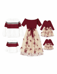 PATPAT Familien Outfit Set Langarm - Partnerlook Mutter Tochter Kleid Langarm T-Shirt & Mutter Kind Kleider Mama Tochter Kleidung für Herbst & Frühling/Herren & Jungen/Baby & Mädchen/Damen & Herren Baby - Mädchen 9-12 Monate Rotwein