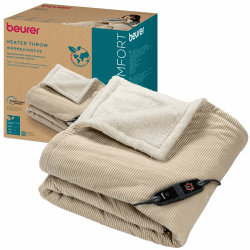 Beurer HD 80 Cord beige, elektrische Wärmedecke mit 6 Temperaturstufen, recycelte Materialien, mit Abschaltautomatik und Sicherheitssystem, Kuscheldecke aus trendigem, weichem Cord-Stoff