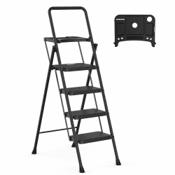 HBTower Trittleiter 4 Stufen klappbar, Leiter mit Breitem Anti-Rutsch-Pedal, Trittleiter mit Bequemer Handlauf, Tragbarer Tritthocker aus Stahl, Schwarz Schwarz 4-Stufen