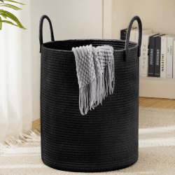 YOUDENOVA Wäschekorb Geflochten Wäschesammler Spielzeug Aufbewahrung Aufbewahrungskorb mit Griff Handarbeit Aus Baumwolle (reines Schwarz, 38cm(D) x50cm(H)) 38cm(D)x50cm(H) Reines Schwarz