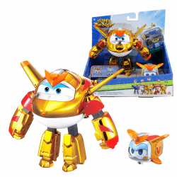 Super Wings EU770441 - Transforming Golden Boy & Pet, ca. 12 cm große verwandelbare Spiel-Figur mit ca. 4,3 cm großem Haustier, für Kinder ab 3 Jahren, Goldfarben