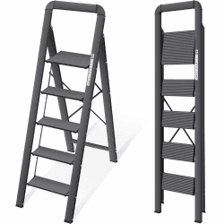 KINGRACK Stufenleiter, 5 Stufen, klappbare Stufenleiter mit Handlauf, rutschfeste Haushaltsleiter mit Klappsicherung, Aluminium Tritthocker, maximale Belastung 150 kg - Schwarz Schwarz 5 Stufen