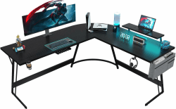JUMMICO Gaming Tisch 130x130 cm und Monitorständer,Eckschreibtisch mit Tasche Stauraum,Groß L-förmiger Schreibtisch Pc Ecktisch mit Kabelmanagement,Tassenhalter und Kopfhörerhaken,Schwarz Schwarz 130 x 130 cm