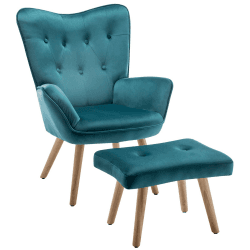 HollyHOME Sessel mit Hocker Sessel Wohnzimmer Relaxsessel, Polsterstuhl Samtstoff Lesesessel Ohrensessel Lesestuhl für Schlafzimmer Lounge Sessel, Pfauengrün Pfauengrün sessel