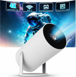 Mini Projektor Beamer 4K unterstützt 2 GB RAM 16 GB ROM WLAN 6 BT 5.4 Automatische Trapezkorrektur 40"-130" Projektion 180 ° Drehbarer Projektor (Weiß)
