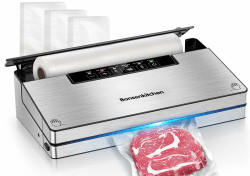 Bonsenkitchen Vakuumierer, Stark Vakuumiergerät mit 5 Modi, 8 L/Min, Globefish-Technologie für Kontinuierliches Arbeiten mit Hoher Geschwindigkeit, Enthält 100 Vakuumbeutel und 1 Rollbeutel Silber und 100 Vakuumbeutel