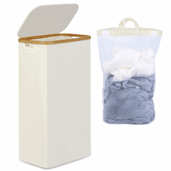 efluky Wäschekorb mit Deckel 75L, Schmal Wäschekorb mit Waschbarer Innentasche, Beige Wäschebehälter mit Bambusgriffen, Faltbare Wäschekörbe für Waschküche, Schlafzimmer, Badezimmer Beige 75L