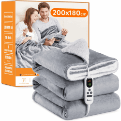 Heizdecke mit Abschaltautomatik, 200x180cm 10 Heizstufen 1~9 Stunden Auto-Off-Timer Überhitzungsschutz, Elektrische Wärmedecke Bett Wärme Decke ETL für Home & Office Schnelle Flanell Waschbar Grau 200x180cm Grau