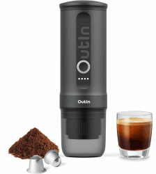 Outin Nano tragbare elektrische Espressomaschine, Camping-Kaffeemaschine, Selbsterhitzung mit USB-C, kompatibel mit gemahlenem Kaffee & NS-Kapsel Space Grau