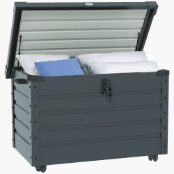 Outsunny Gartenbox, Aufbewahrungsbox mit Rollen, Aufbewahrungskiste mit Schloss, Griff, Gartentruhe für Balkon, Terrasse 100 x 62 x 65 cm, Dunkelgrau
