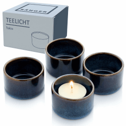 Sänger | Teelichthalter Tokio 8 tlg, Windlicht Glas aus Steingut inkl. Teelicht, Handmade Teelichtgläser mit Windlichtern, Kerzengläser Dunkelblau mit Schwarzen Akzenten 5,2 | PREMIUM COLLECTION Kerzenhalter Set 8 Teilig