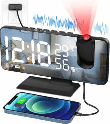 PEYOU Wecker mit Projektion【7.4"】, Projektionswecker【mit 4 Stufen Bildschirmhelligkeit】 Radiowecker mit Temperatur Datum, 12/24H, Snooze-Doppelwecker für Schlafzimmer Kinder Senioren Wand Deckenuhr
