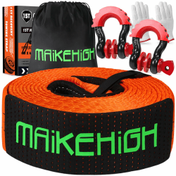 MAIKEHIGH Abschleppseil 15 Tonnen (33,700 Lbs), 6M x 7,6cm Abschleppgurt mit 2 Verbesserten Schäkeln Haken, 2 Handschuhen für Auto, LKW, SUV, Offroad (Orange) Orange (mit Haken)