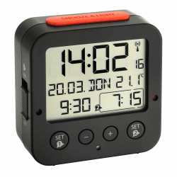 TFA Dostmann Bingo Funk-Wecker, mit autom. Hintergrundbeleuchtung, 60.2528.01, Datum, Temperaturanzeige und zwei Weckzeiten, schwarz/rot,L 81 x B 33 x H 81 mm