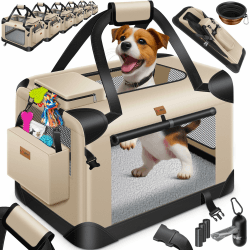 Lovpet® Transportbox Hund Katze Transporttasche L 70x52x52cm | Hunde-Tragetasche Faltbare Katzentasche | Haustier-Transportbox inkl. Hundenapf & Schultergurt | für Katzen & Hunde Beige L Beige