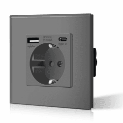 BSEED Schuko Wand Steckdose mit USB & Typ C Glas 3 in 1 Unterputz Steckdosen 1 Weg mit 2.1 A USB Ladeleistung und Typ C Adapter Aufladestation, Einfache Installation, 3-Draht Erforderlich, Grau 1 Fach+USB+Typ-C Grau