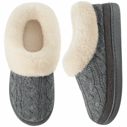 HomeTop Damen Gestrickte Hausschuhe Bequem Warm Winter Memory Schaum Rutschfeste Innen Außen Pantoffeln mit Flauschig Plüsch Kragen 39 EU Grau
