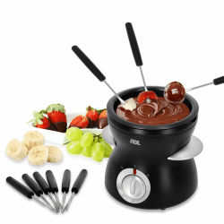 ADE elektrisches Schokofondue 250ml mit 6 Spießen | 2 Temperaturstufen zum Schmelzen und Warmhalten | Temperiergerät für Schokolade und Kuvertüre | herausnehmbare teflonbeschichtete Schüssel 250 ml für 1-2 Personen