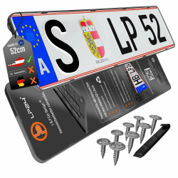 2 Kennzeichenhalter Rahmenlos Österreich - für at 52x12cm - Kennzeichenhalterung Auto [dezent & sicher] - Nummernschildhalterung Nummernschildhalter Kennzeichen Halterung für KFZ PKW - schwarz
