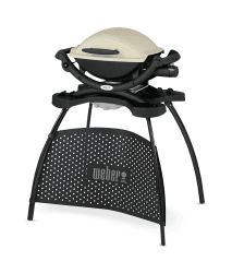 Weber Q1000 Gasgrill mit Stand, 43 x 32cm Grillfäche, portabler BBQ Grill, 1 Brenner, 2-geteilter porzellanemaillierter Guss-Grillrost, Aluminiumguss Deckel & Gehäuse - Titanium (50060379) Titan Gasgrill mit Stand