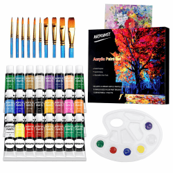 ARTKUNST 36-teiliges Acrylfarben-Set, 24 Tuben Farben mit 10 Pinseln, 1 Leinwand, 1 Mischpalette, ideal für Stein, Leinwand, Papier und Stoffe – für Anfänger & Kinder 24 colours x 12 ml
