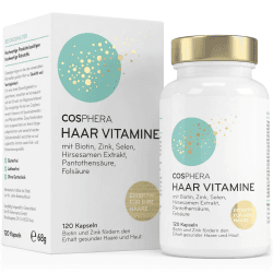 Cosphera Haar-Vitamine - Hochdosiert mit Biotin, Selen und Zink als Beitrag zum Erhalt normaler Haare. Plus Folsäure & Hirse Samen Extrakt (reich an Silizium) - 120 vegane Kapseln im 2 Monatsvorrat.