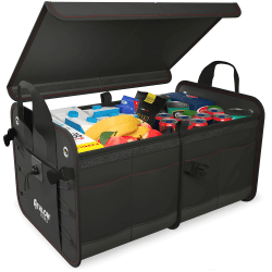 ATHLON TOOLS Premium Kofferraumtasche mit Deckel - 60 Liter XXL Kofferraum-Organizer - Extra stabile & wasserfeste Böden - mit Antirutsch-Klett Schwarz / Rote Ziernähte