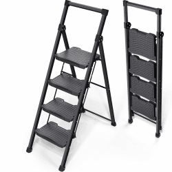 KINGRACK 4 Stufenleiter, Stufenleiter 4 Stufen klappbar mit rutschfestem, breitem Pedal und Handläufen, leichte Haushaltsleiter für Küche, Vorratskammer, Schränke, Büro，Max Belastung 900 LBS 4 Stufen mit handläufen Schwarz