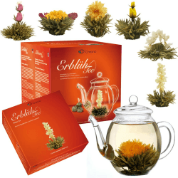 Creano Teeblumen Geschenkset - Erblühtee Frühjahrslese mit 500ml Glaskanne & 6x Weißer Tee - 7 teilig - Geschenk zu Weihnachten 1x Geschenkset