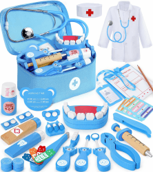 Ophy Arztkoffer Kinder Holz Spielset, Doktorkoffer für Kinder mit Hochsimuliertem Stethoskop Medizinische Spielzeug Geschenke für Jungen und Mädchen im Alter von 3–8 Jahren Zahnarzt Spielzeug Blau