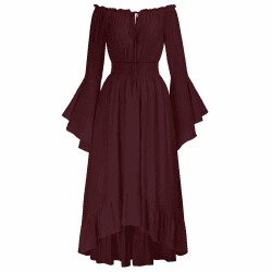 SCARLET DARKNESS Damen Renaissance Maxikleid Gesmokte Taille High Low Design Mittelalter Kleid S Rotwein