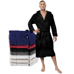 Twinzen Bademantel Herren - XS, S, M, L, XL, XXL, XXXL - 100% Baumwolle (350g/m²) OEKO-TEX® Zertifiziert - Bademantel mit Kapuze, 2 Taschen, Gürtel Schwarz XL
