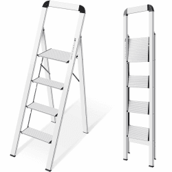 KINGRACK Stufenleiter, Trittleiter Stufen, Klapptrittleiter mit Handlauf, rutschfeste Haushaltsleiter mit Klappsicherung, Aluminium Tritthocker, Belastbar bis 150 kg (Silber, 4 Stufen) Silber 4 Stufen