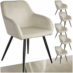 tectake 6er Set moderner Esszimmer Stuhl, Sitzfläche aus Samt, Armlehnstuhl, Sessel Wohnzimmer, gepolsterter Office Chair mit schwarzen Metallbeinen, Schminktisch Stuhl - Creme/schwarz 6er Set Creme Schwarz
