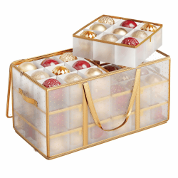 SONGMICS Aufbewahrungsbox für Weihnachtskugeln, Weihnachtskugeln Aufbewahrung, 54 Fächer je 10,2 cm, aus Kunststoff, Deckel, 2 Reißverschlüsse, 6 Tabletts, seitliche Griffe, sandiges Gold RFB030A01 Sandiges Gold 54 Fächer (64,5 x 33,5 x 34 cm)