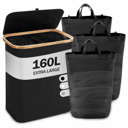 YOUDENOVA Wäschekorb mit Deckel 3 Fächer 160L Wäschesammler mit 3 Wäschesäcke Groß faltbarer Wäschesortierer Holz Bambus Wäschetruhe hoch, Schwarz 160L Schwarz
