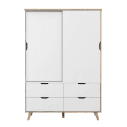 FORTE VANKKA Schrank 140 Kleiderschrank Schiebetüren Skandinavischer Stil 2-türig mit 4 Schubladen Schlaf- oder Kinderzimmer Holzdekor: Eiche mit Weiß 139 cm breit x 201.5 cm hoch x 53 cm tief Planked Eiche / Weiß 52.7T x 139.4B x 201.5H cm (4 Schubladen)