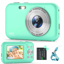 Digitalkamera, Kamera Fotokamera 44MP 1080P HD, Kinderkamera mit 16X Digitalzoom Kompaktkamera, Wiederaufladbare Fotoapparat mit 1 Akku, Kamera für Kinder, Teenager, Anfänger(Grün) 1Battery-Grün