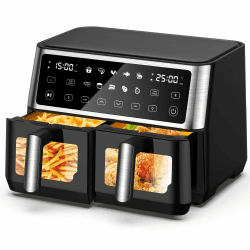 Heißluftfritteuse 2 Kammern mit Sichtfenster,10L Dual Zone XXL Airfryer,10-in-1 Voreingestellten Programmen, Touchscreen, Intelligente Synchronisierung und Timer, Energiesparend, Friteuse ohne Öl XLL