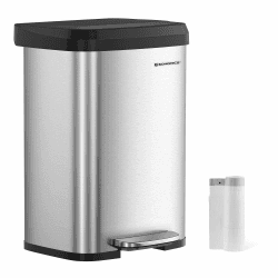 SONGMICS Mülleimer Küche, 50 Liter Abfalleimer, Tretmülleimer aus Metall, mit Deckel, hoch, schmal und geräumig, silbern-schwarz LTB530E50 Silbern + Schwarz 50 L